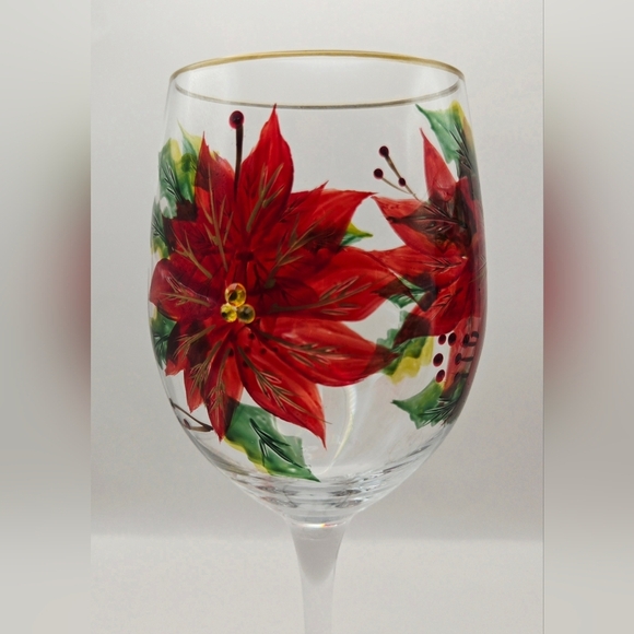 Hand Painted Poinsettia Wine Glasses with Gold Trim – Christmas Set of 2 - Picture 8 of 8